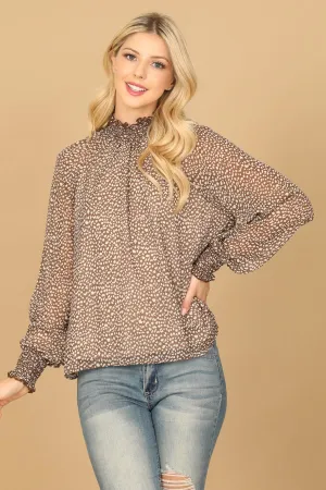 SMOCKED HIGH NECK LONG CUFF SLEEVE PRINTED TOP