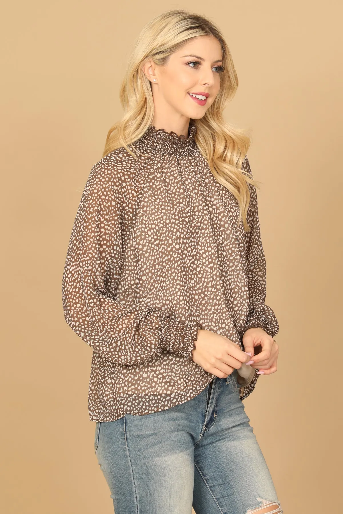 SMOCKED HIGH NECK LONG CUFF SLEEVE PRINTED TOP