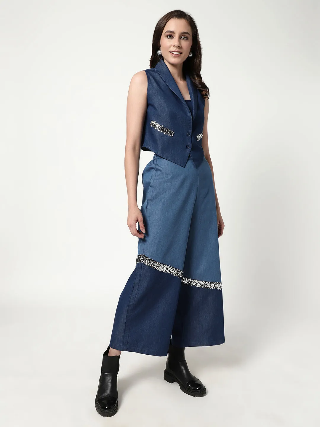 Solid Color-Block Waistcoat Top With Sequin Patch With Stylish Matching Pant Set (Set Of 2)
