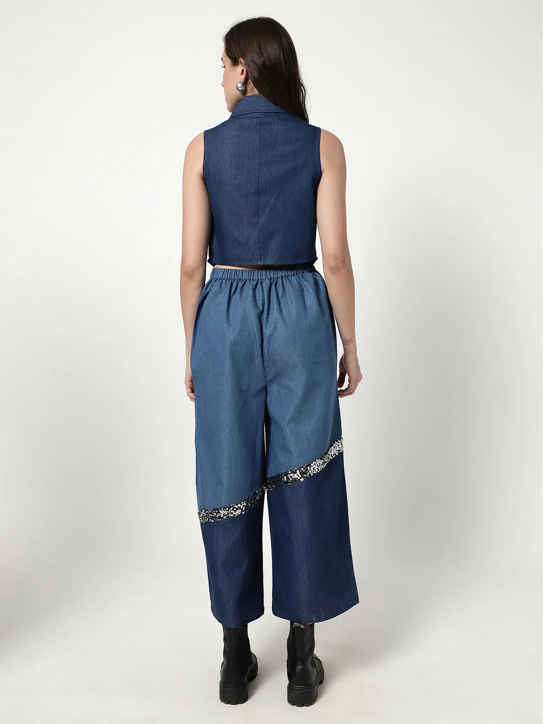 Solid Color-Block Waistcoat Top With Sequin Patch With Stylish Matching Pant Set (Set Of 2)