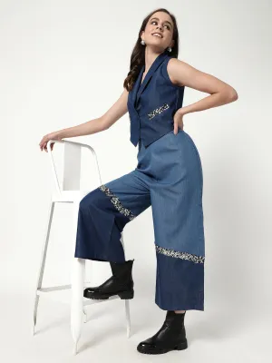 Solid Color-Block Waistcoat Top With Sequin Patch With Stylish Matching Pant Set (Set Of 2)
