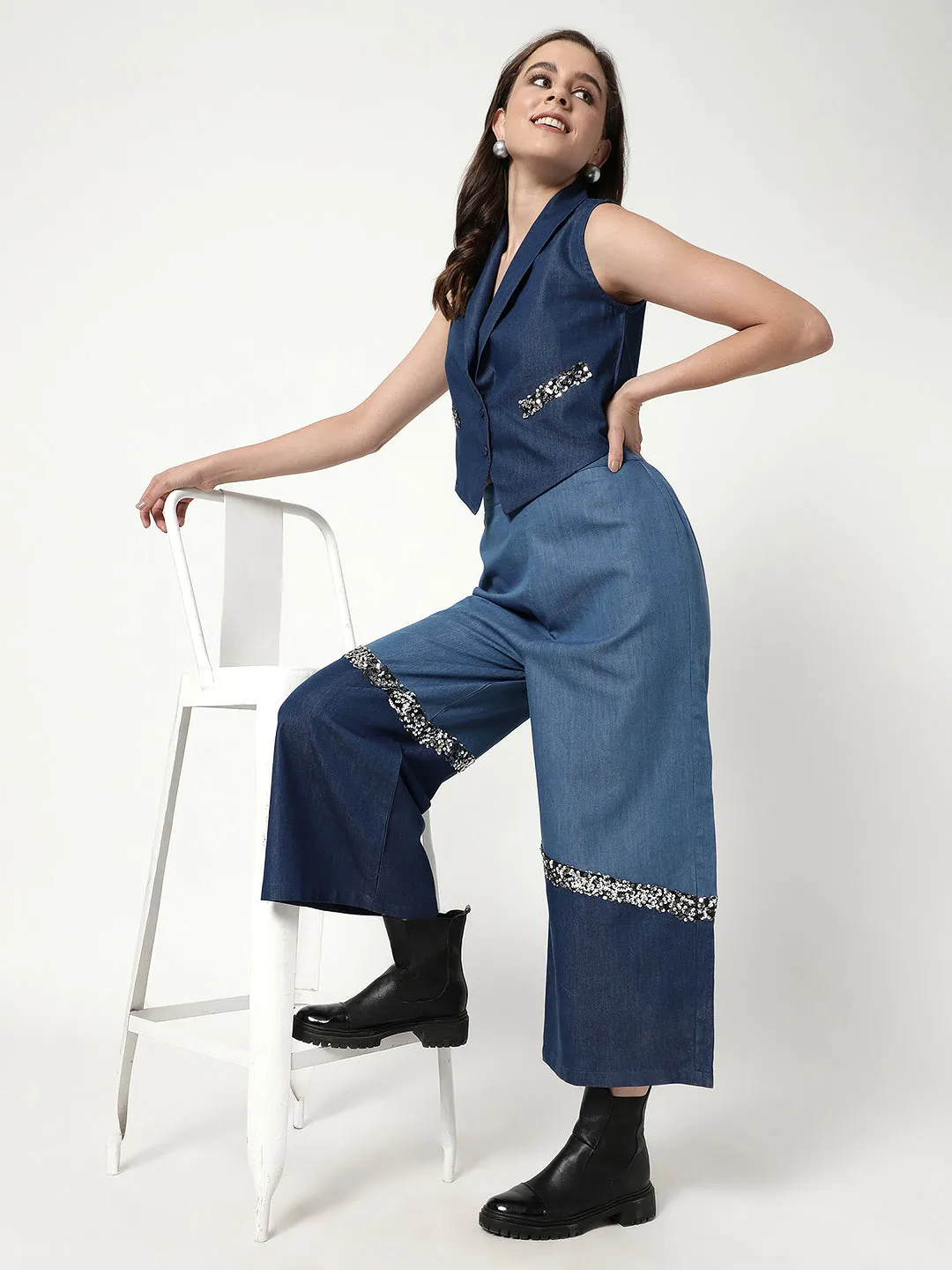 Solid Color-Block Waistcoat Top With Sequin Patch With Stylish Matching Pant Set (Set Of 2)
