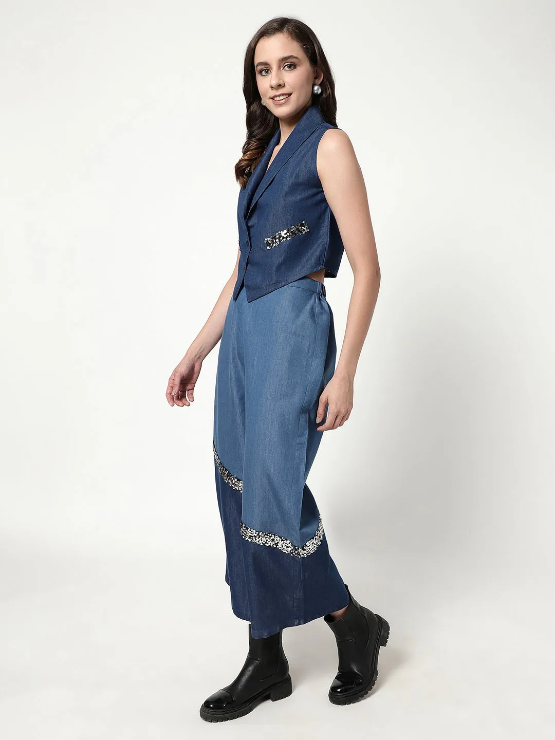 Solid Color-Block Waistcoat Top With Sequin Patch With Stylish Matching Pant Set (Set Of 2)