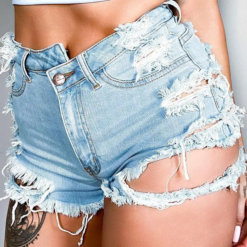 Solid High Waist Cut Out Denim Shorts