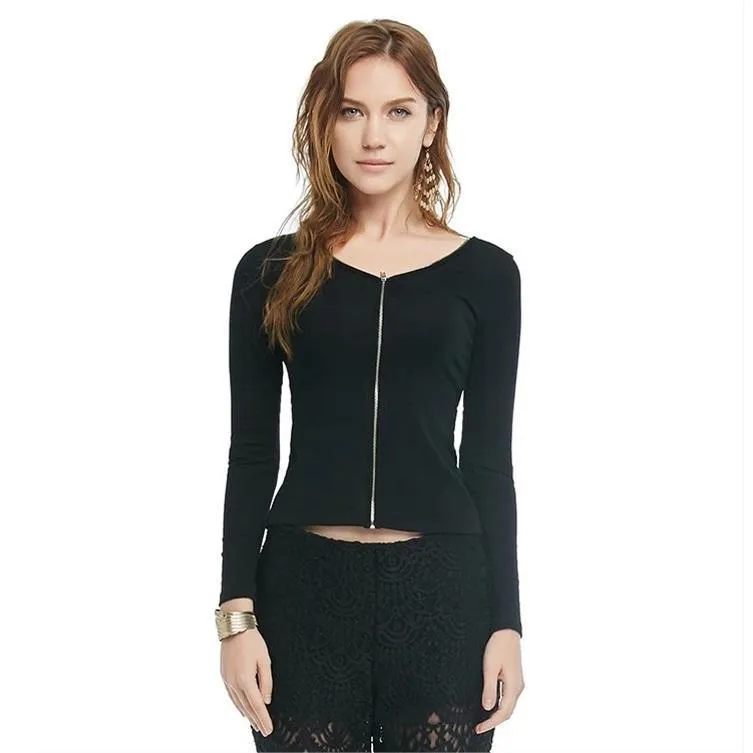 Solid Zip-Up V-Neck Shirt