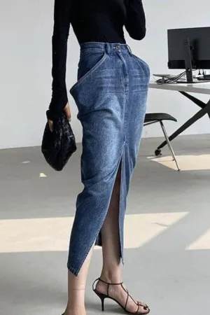 Street Style Long Inverted Triangle Denim Skirt