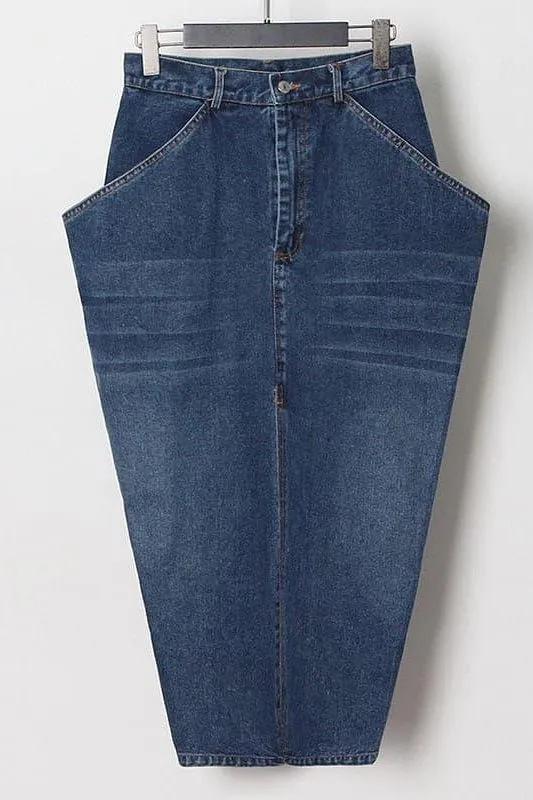 Street Style Long Inverted Triangle Denim Skirt