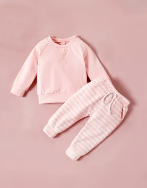Striped Baby Set | Solid Top and Striped Pants | 2-Piece Set in Pink