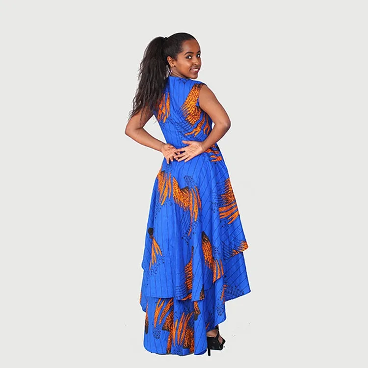 Traditional African Kitenge Wax Print Hollandaise Blue High Low Hem Sleeveless Dress