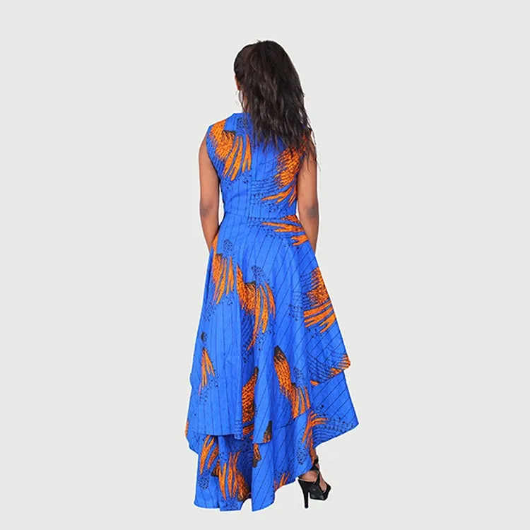 Traditional African Kitenge Wax Print Hollandaise Blue High Low Hem Sleeveless Dress