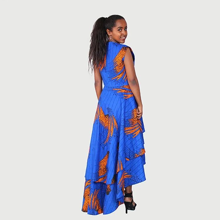 Traditional African Kitenge Wax Print Hollandaise Blue High Low Hem Sleeveless Dress