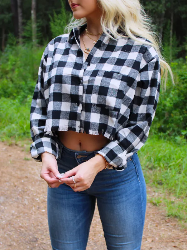 Trendy Lumberjack Cropped Flannel, Black and White