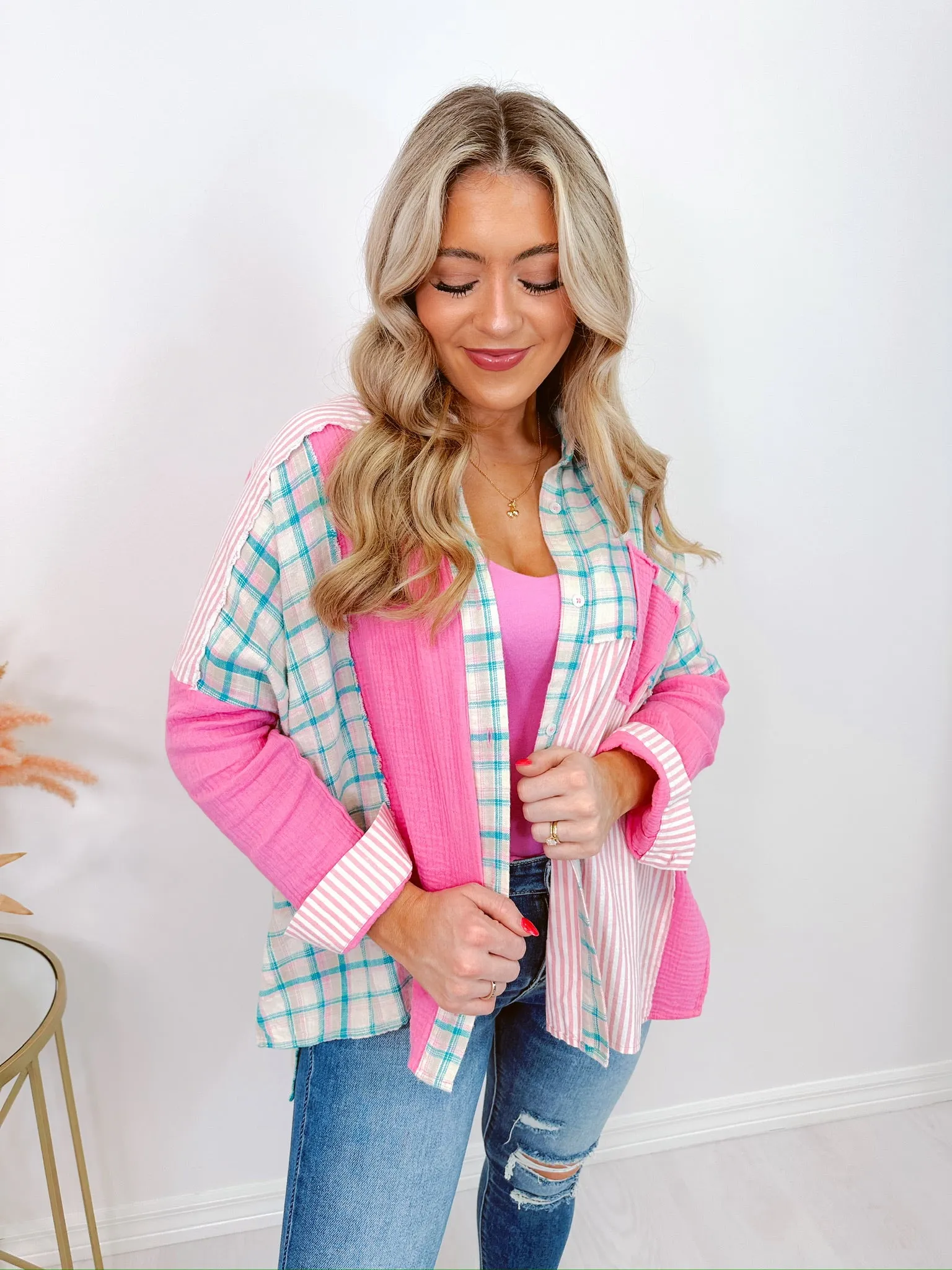 Trio Trendy Patchwork Collared Shirt