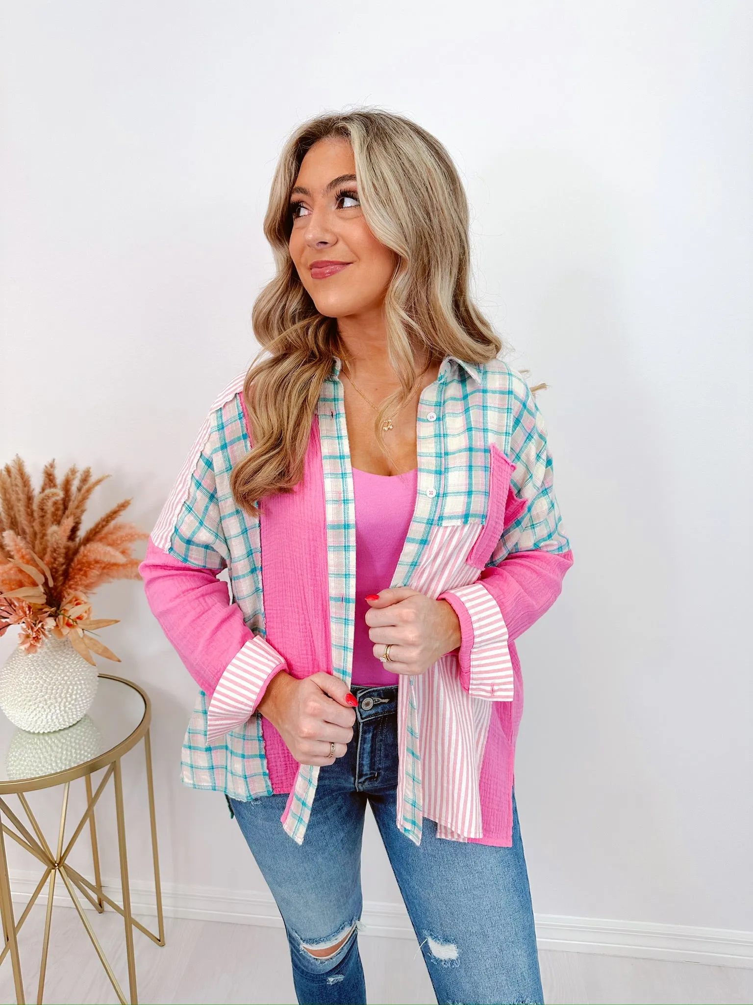 Trio Trendy Patchwork Collared Shirt