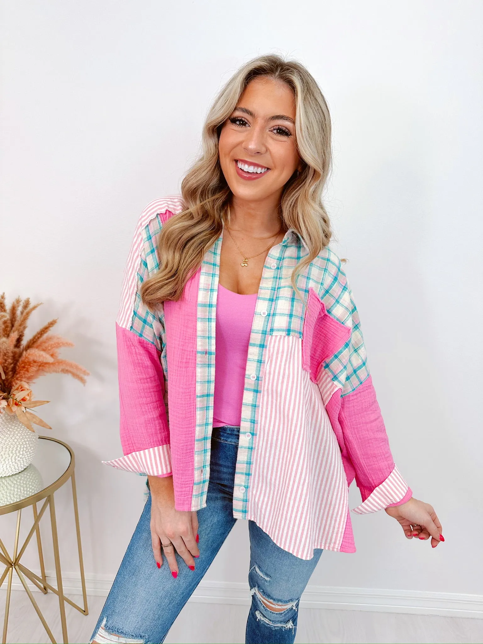 Trio Trendy Patchwork Collared Shirt