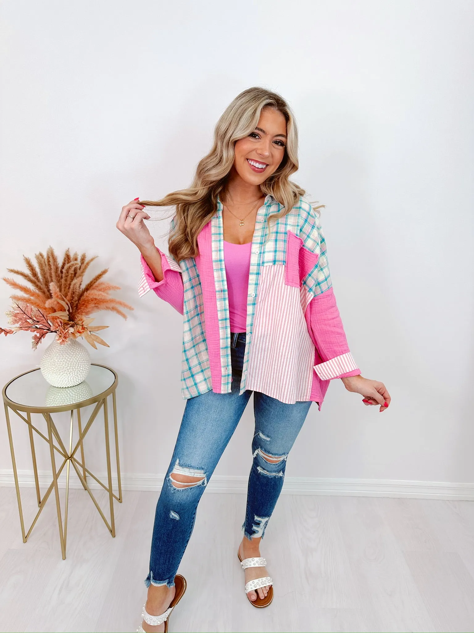 Trio Trendy Patchwork Collared Shirt