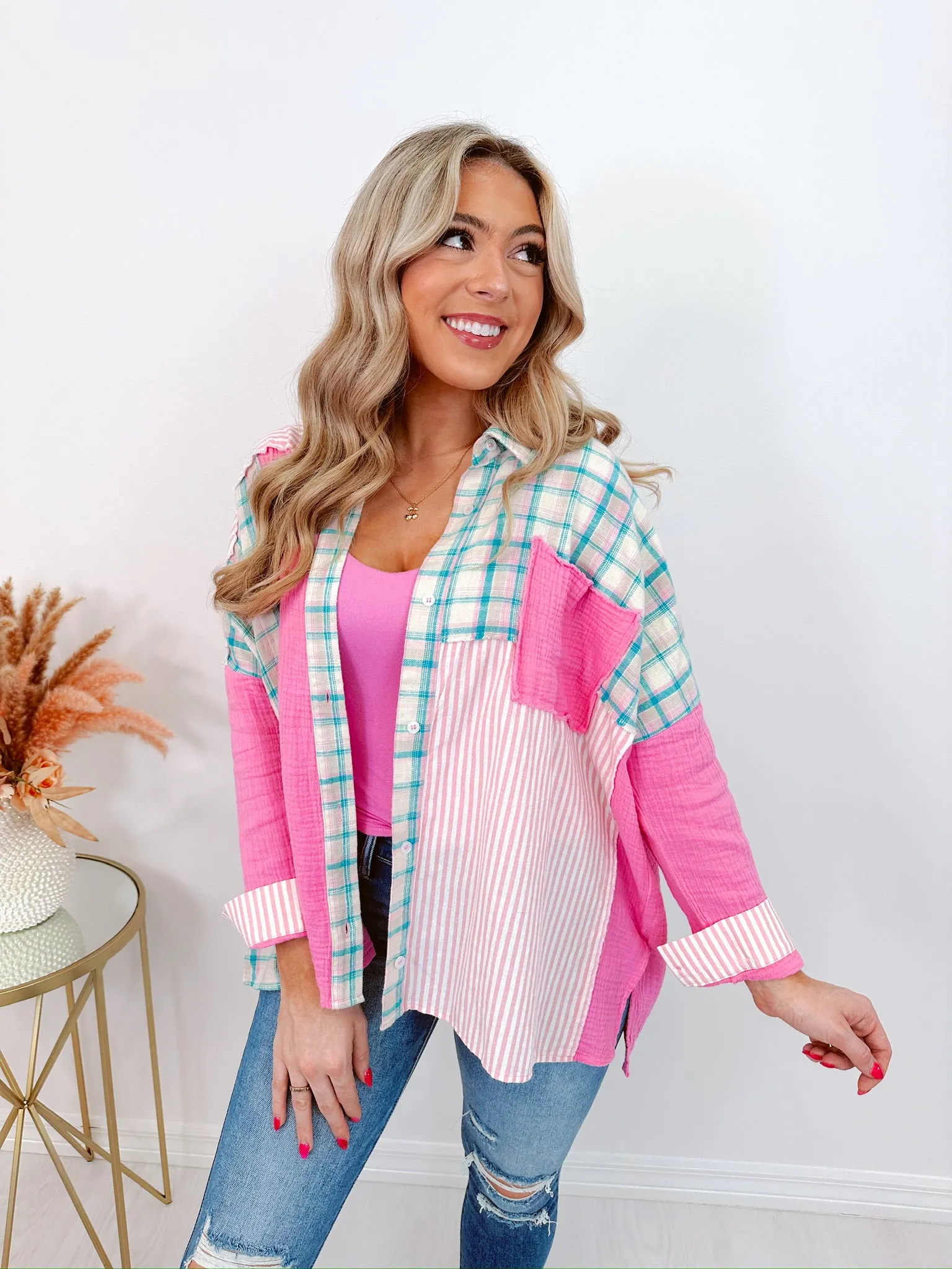 Trio Trendy Patchwork Collared Shirt