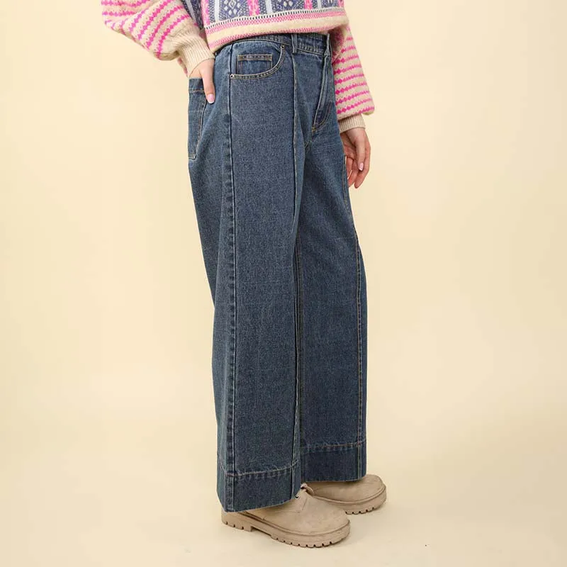 Wide Leg Seam Detail Denim Pants