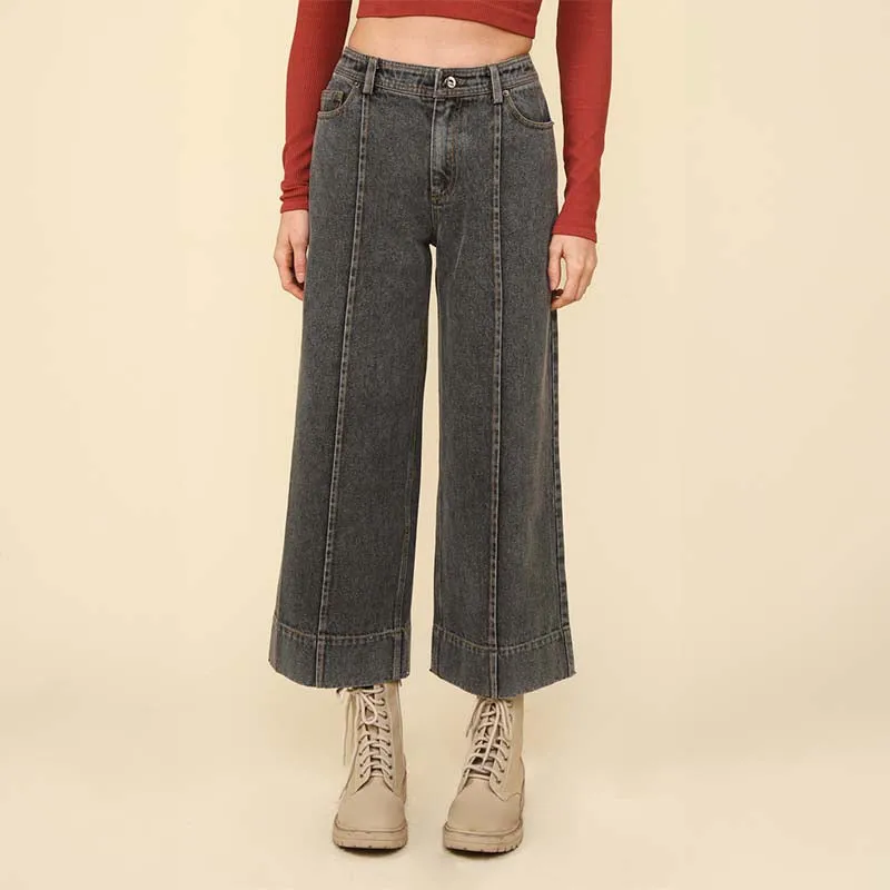 Wide Leg Seam Detail Denim Pants