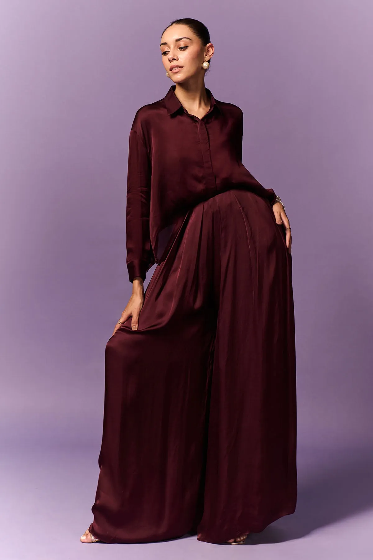 Wine Collar Shirt & Palazzo