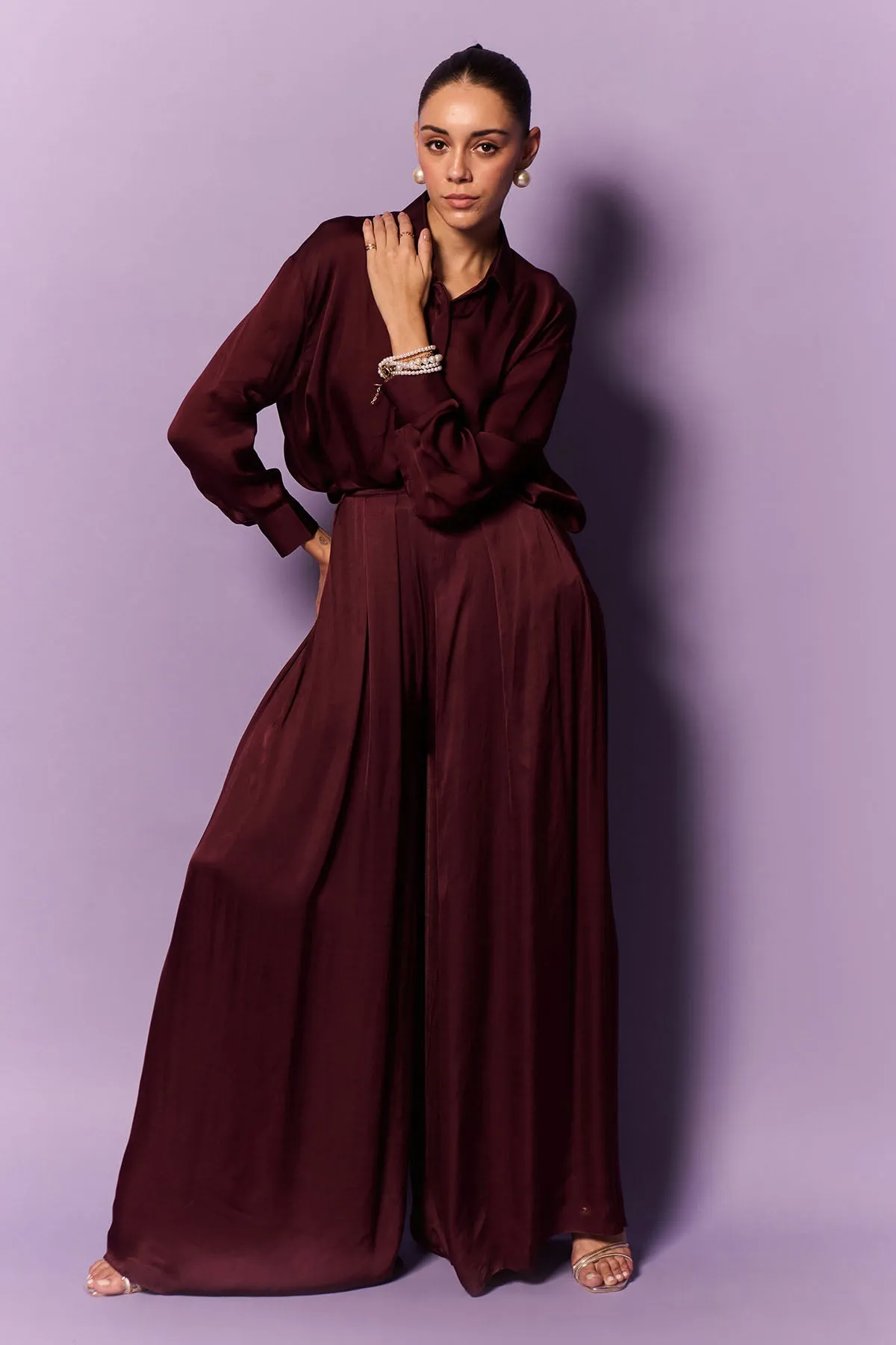 Wine Collar Shirt & Palazzo