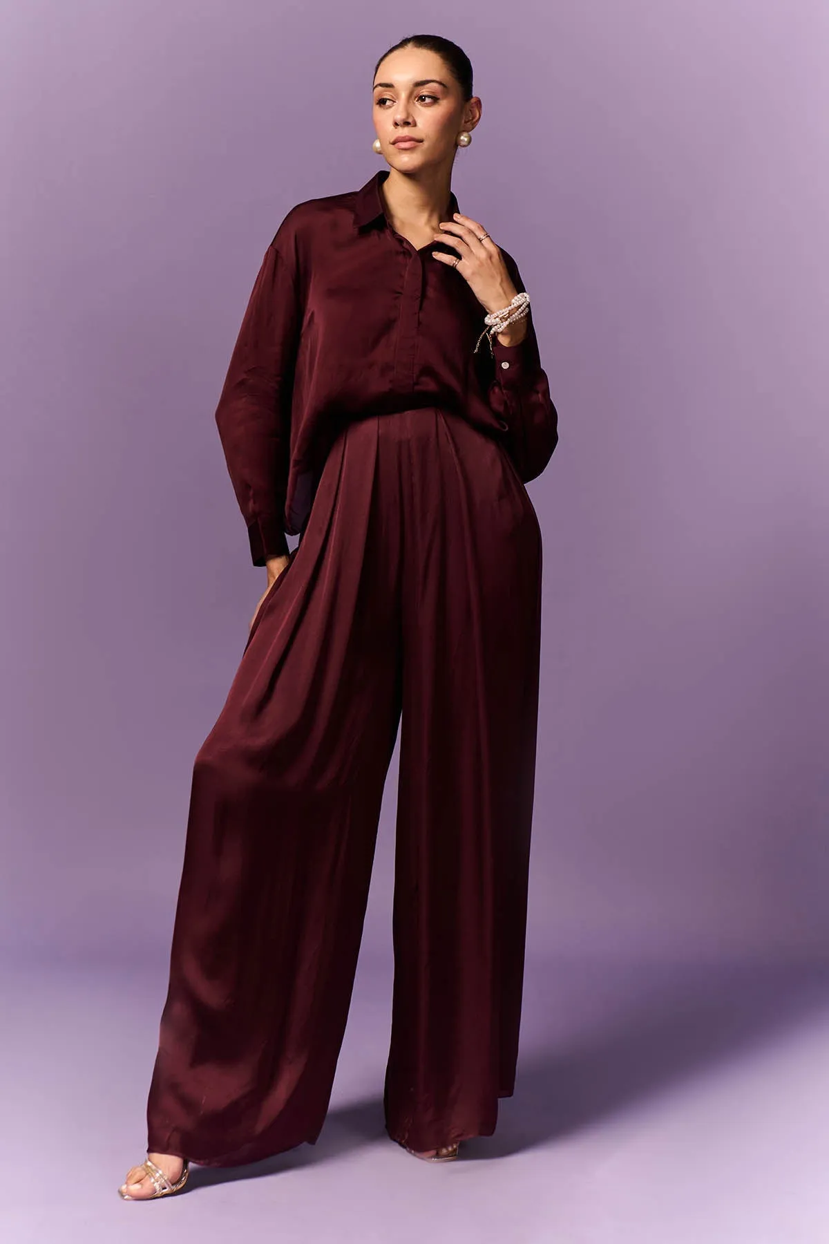 Wine Collar Shirt & Palazzo
