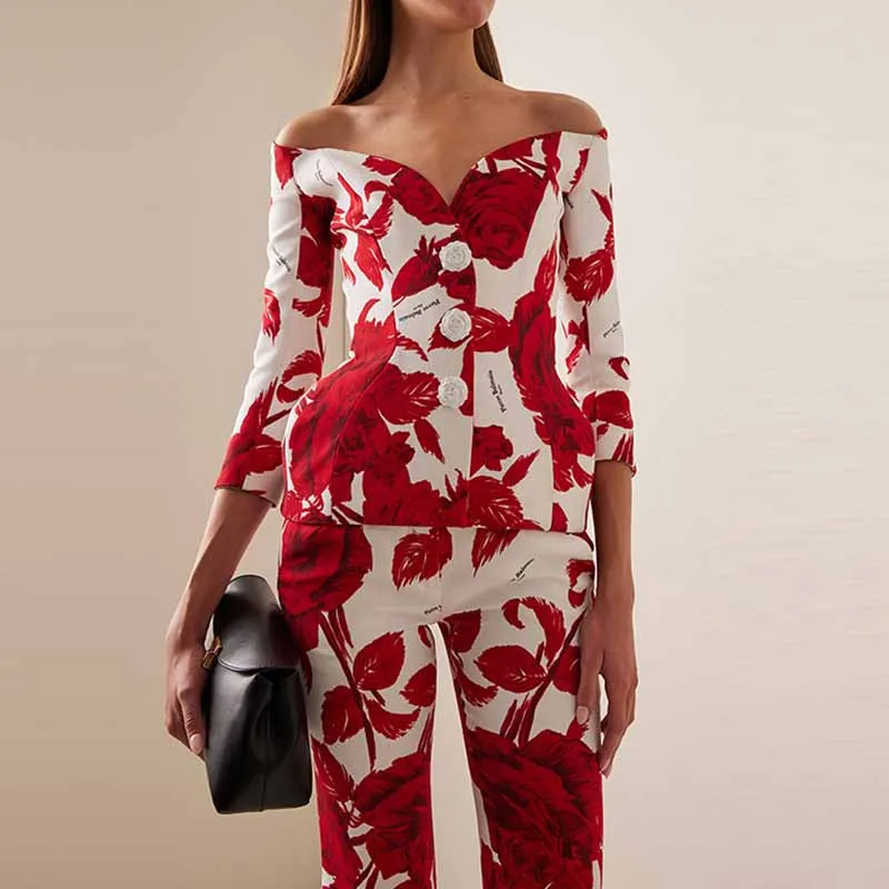 Women One Shoulder Printed Cropped Top and Pants Suit Printing Two Pieces Formal Set
