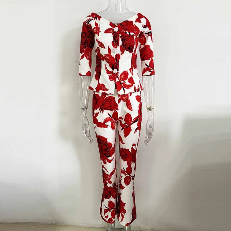 Women One Shoulder Printed Cropped Top and Pants Suit Printing Two Pieces Formal Set