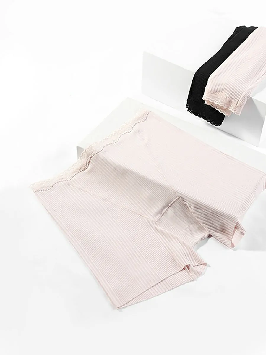 Women Pure Color Lace Waist Safety Bottom Pants
