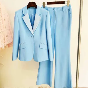 Women Sky blue Blazer   Flare Trousers Suit
