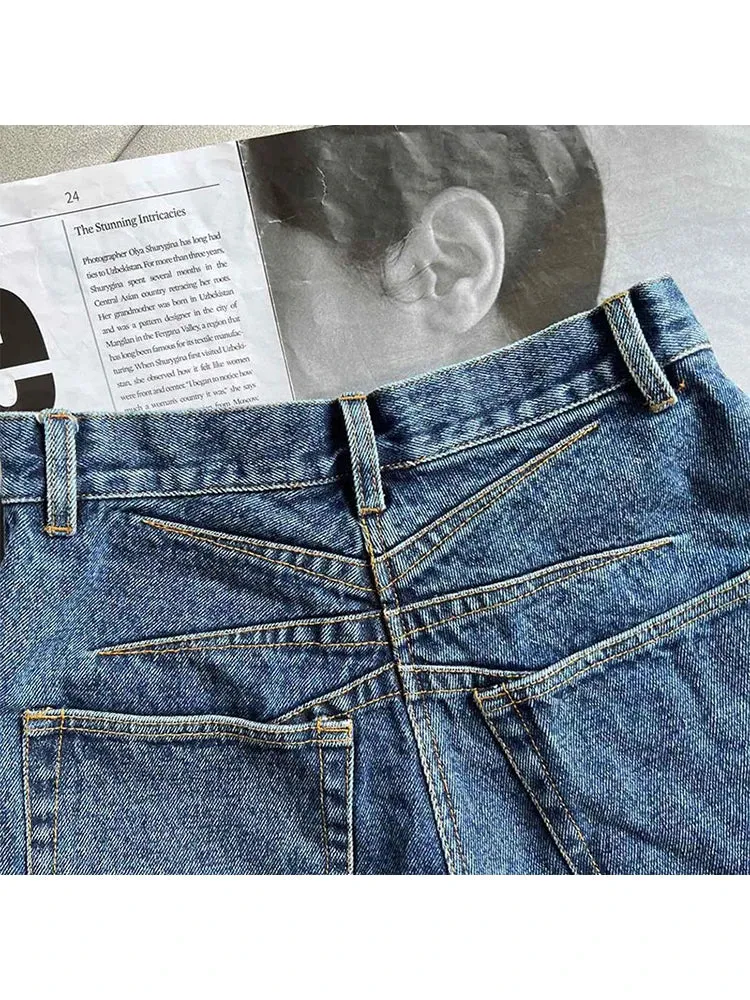 Women's Blue Denim Shorts Loose Jean Shorts Y2k Aesthetic Oversized Wide Cowboy Short Pants