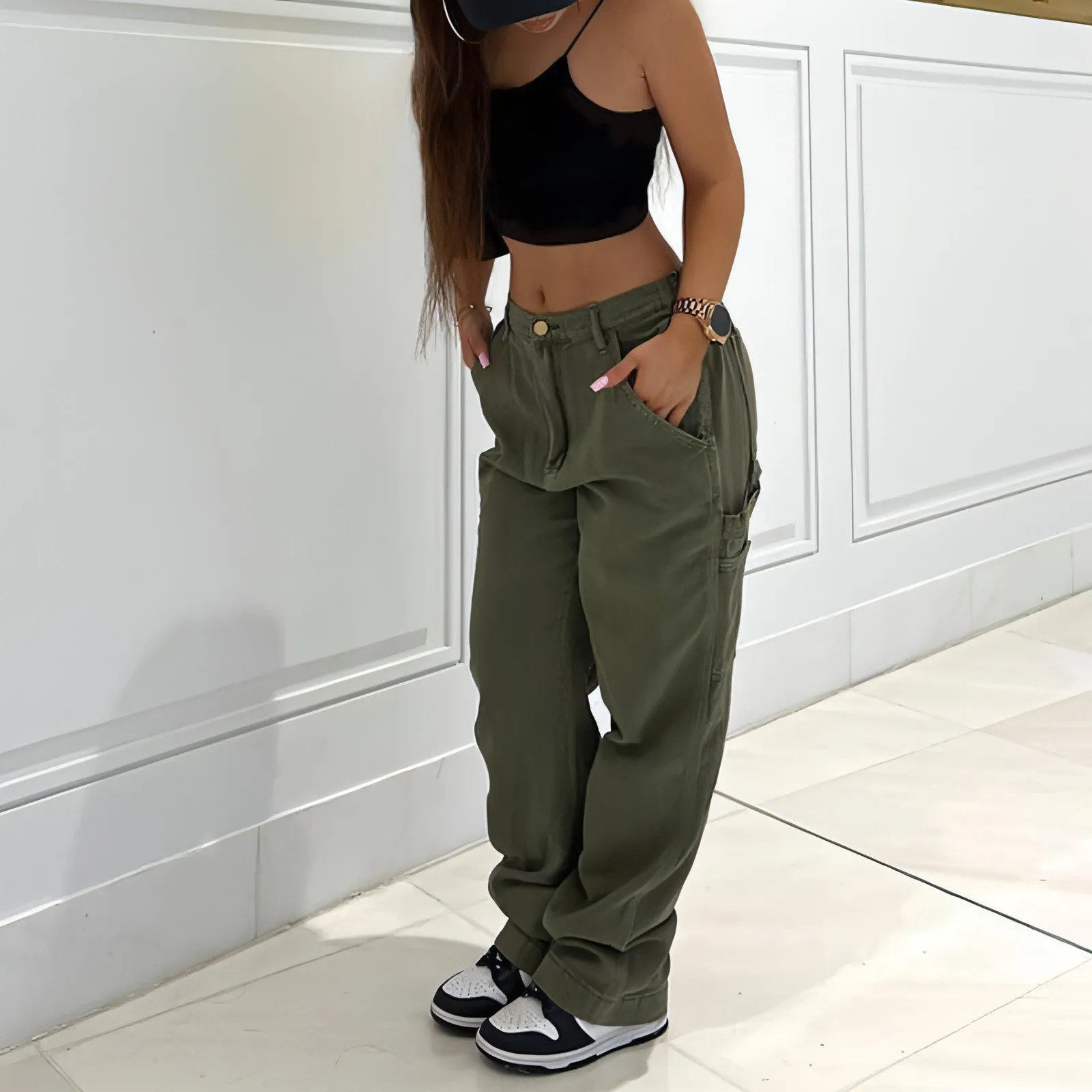 Women's Denim Straight High Waist Stitching Multi-pocket Jeans Pants