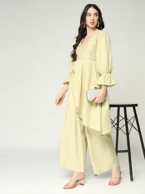 Women's Foil Printed Asymmetric Cut Top With Matching Solid Stylish Pant Set