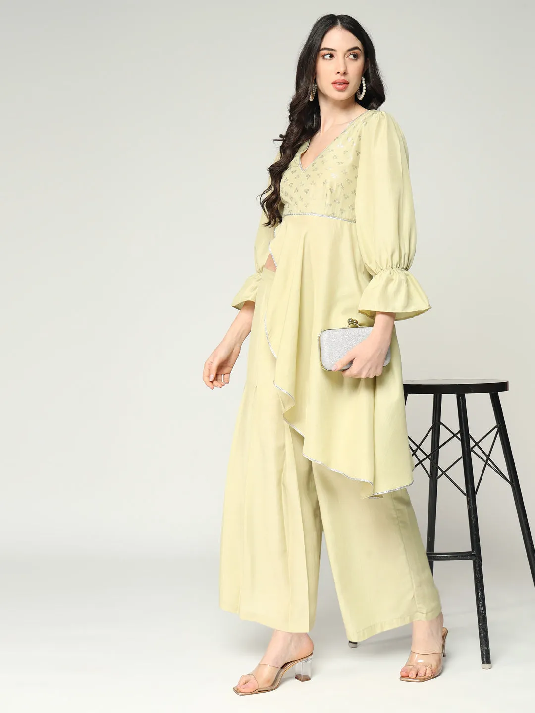 Women's Foil Printed Asymmetric Cut Top With Matching Solid Stylish Pant Set