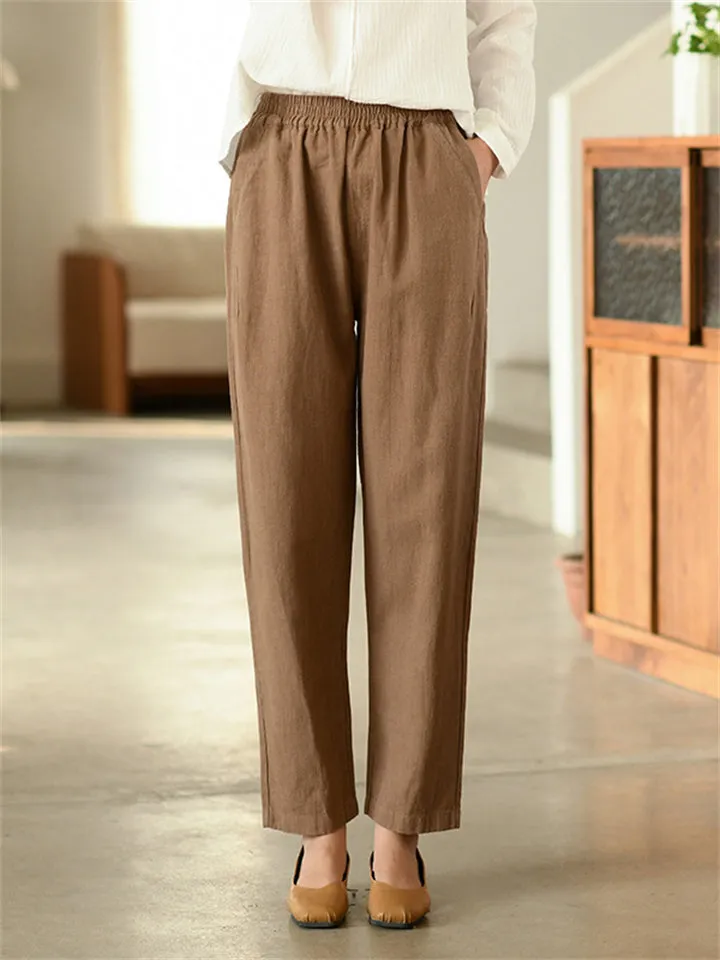 Women's Simple Cotton Linen Elastic Waist Straight-Leg Pants