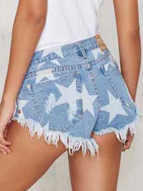 Women's Star Print Tassel Denim Shorts