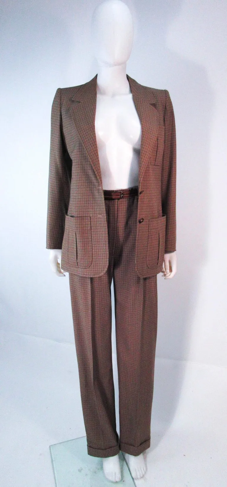 YVES SAINT LAURENT Classic 3 pc Brown Pantsuit with Belt