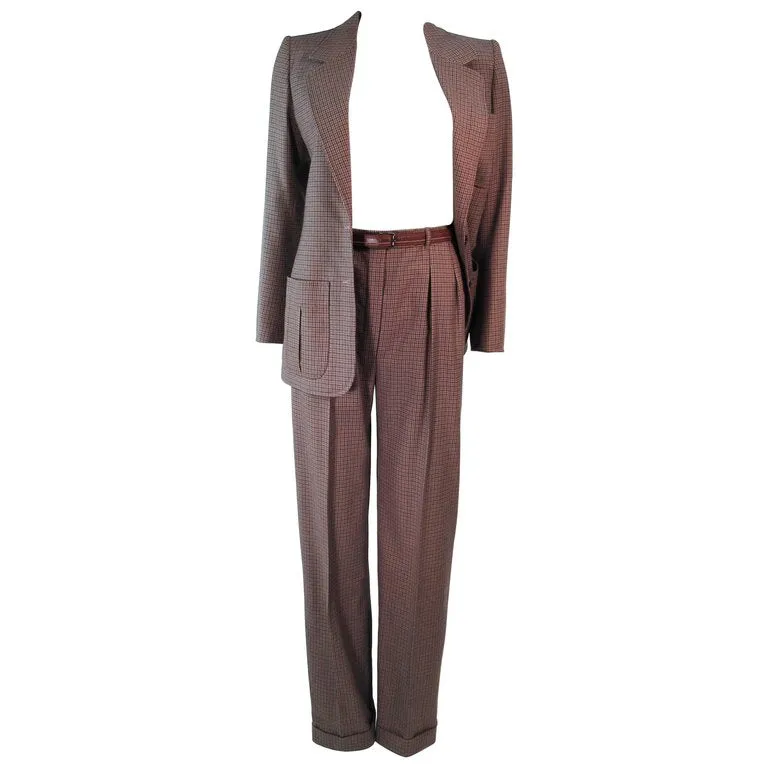 YVES SAINT LAURENT Classic 3 pc Brown Pantsuit with Belt
